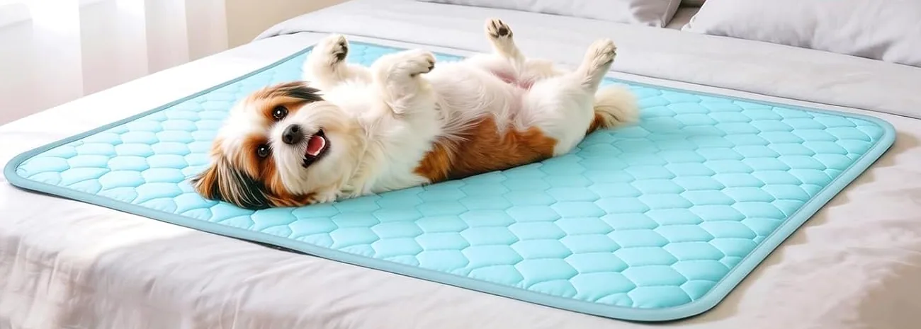 A small dog rolling on a blue Vivifying cooling mat laid on a bed