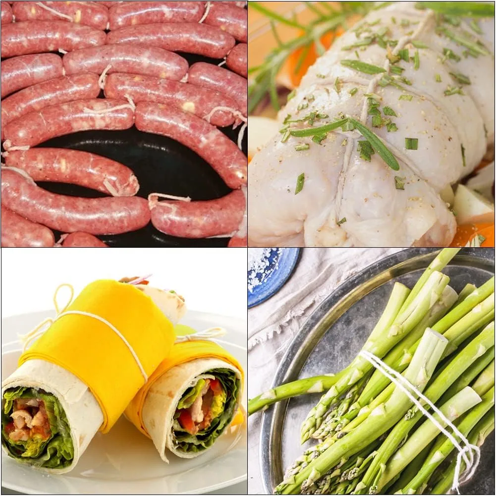 Sausages, a stuffed chicken breast, wraps and asparagus tied with Vivifying cotton butcher's twine