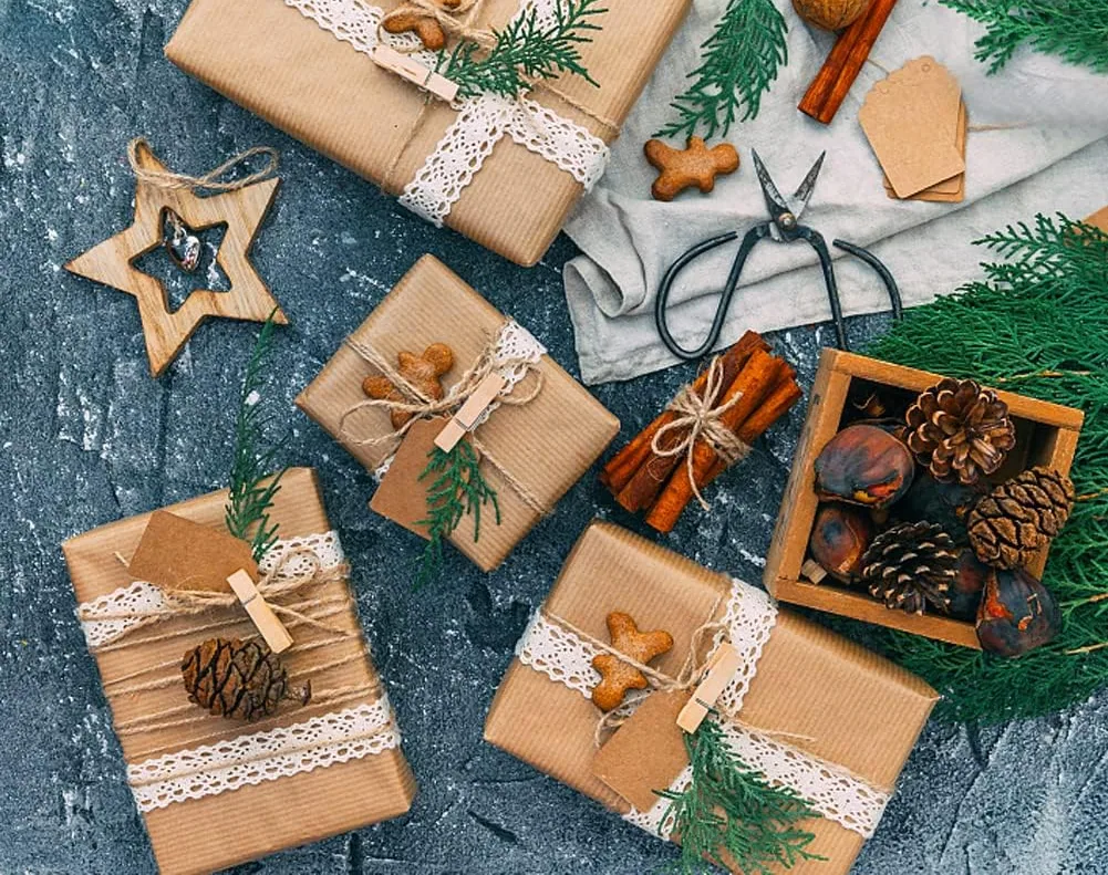 Parcels wrapped in brown paper and tied with jute twine