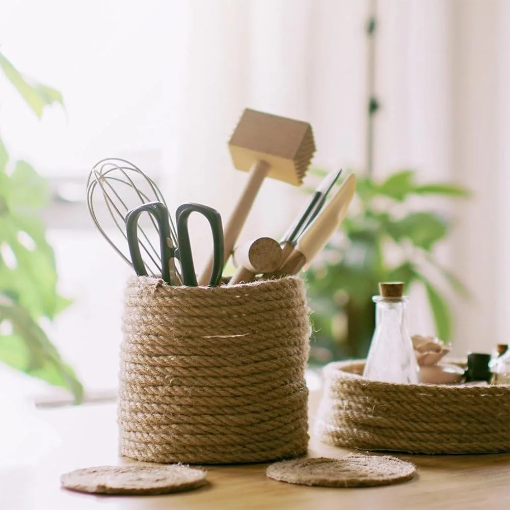 A utensil holder and a tray wrapped in Vivifying jute rope