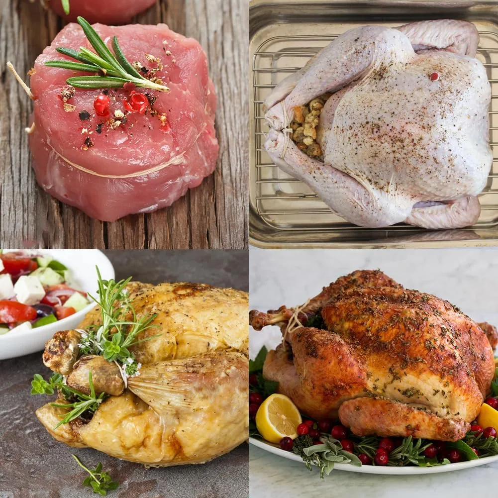 A tied steak, a trussed raw chicken and roast chickens tied with cotton twine
