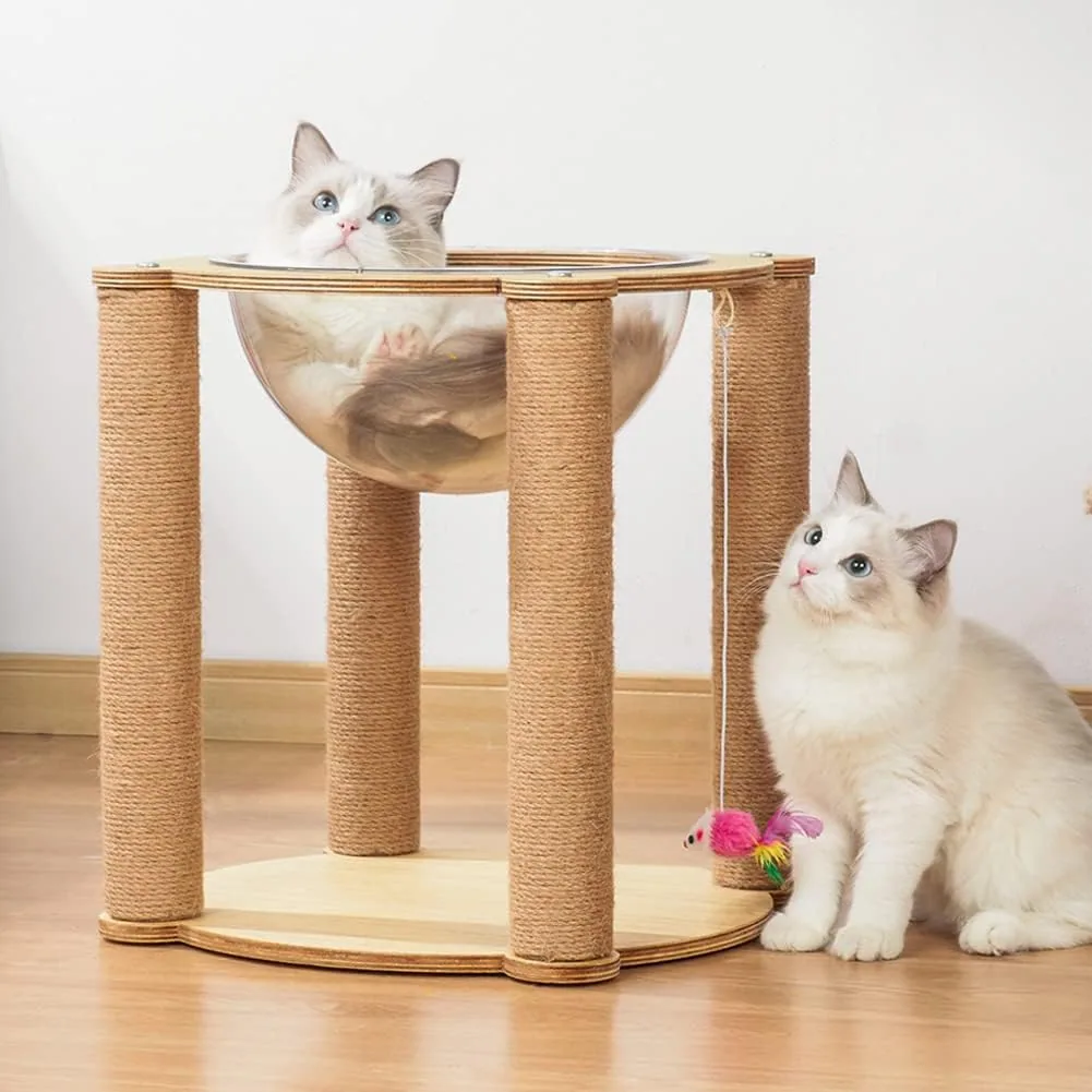 Two cats at a cat tree whose posts are wrapped in Vivifying jute rope