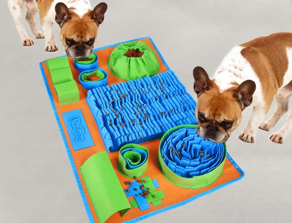 Two French bulldogs searching a Vivifying 8-zone snuffle mat for treats